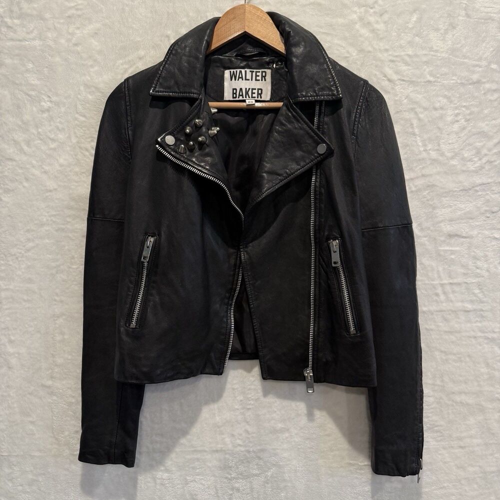 Walter Baker Genuine Leather Jacket XS Black Lambskin Motorcycle Studs Grunge